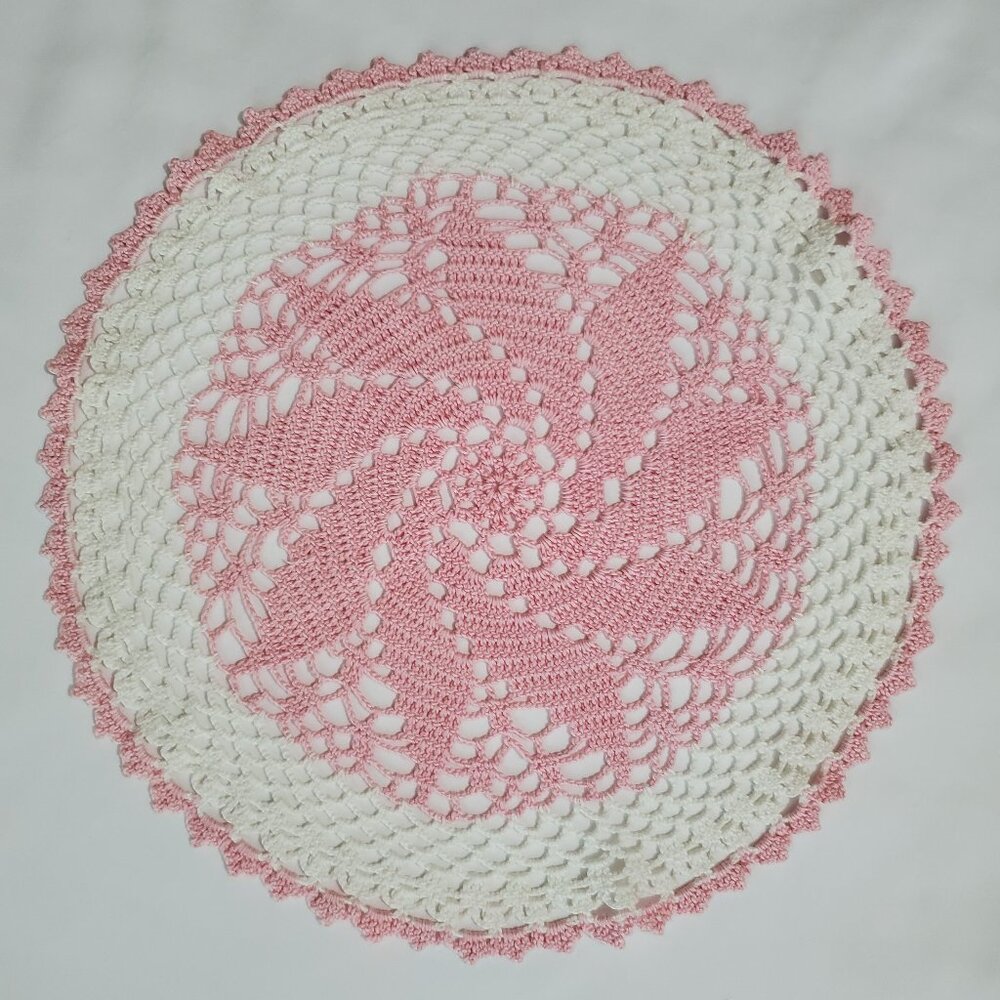 Handmade Vintage Crocheted Pink and White Circular Doily